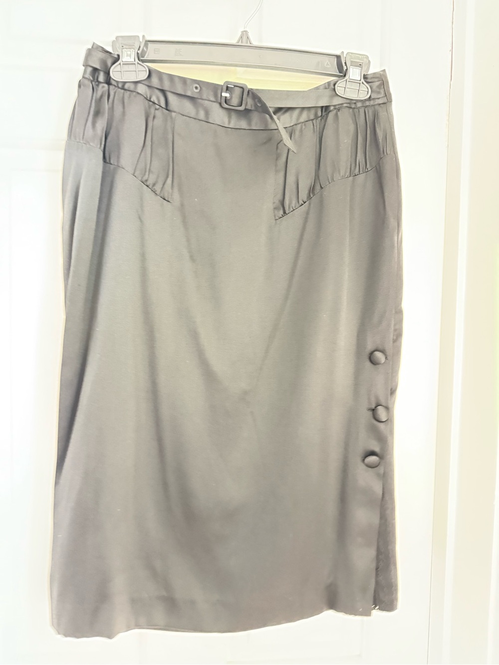Classic Black Silk Midi Skirt with Side Buttons